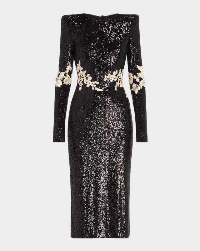 Floral Applique Stretch Sequined Strong-Shoulder Midi Dress